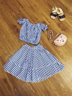 Set váy kẻ xanh, hồng BG