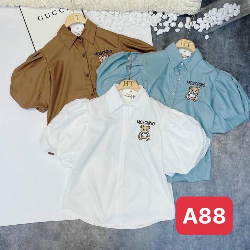 Áo sơmi nữ tay phồng 3 màu thêu gấu