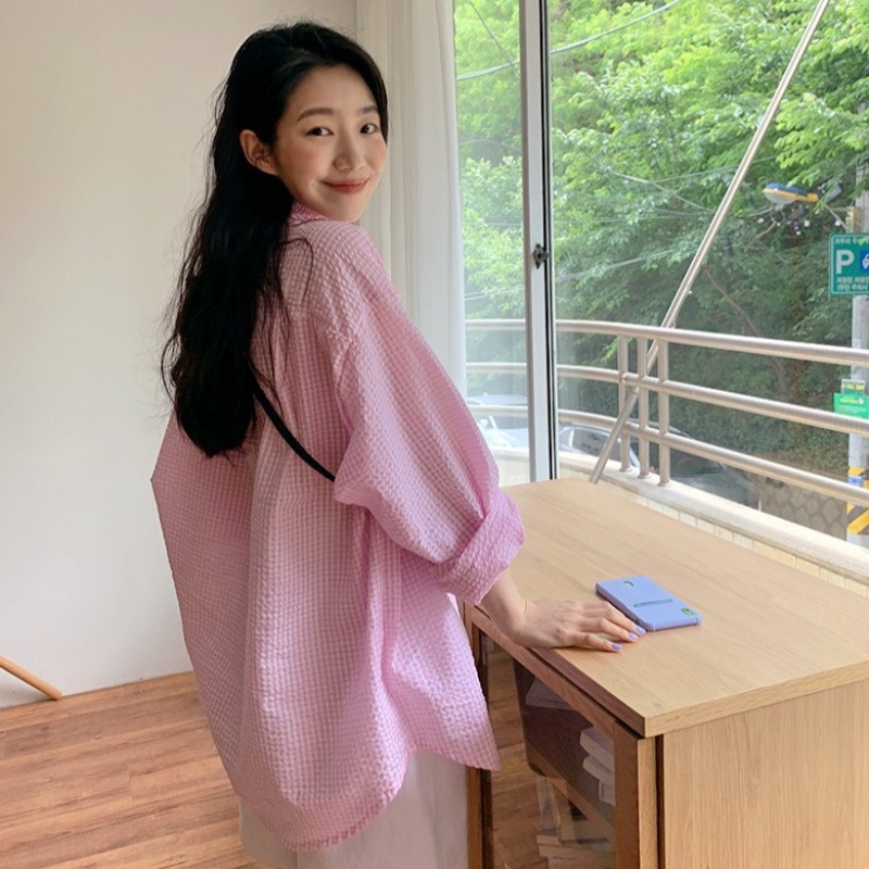 Áo sơ mi XIAOZHAINV cho nữ dáng rộng họa tiết caro phong cách Hàn Quốc