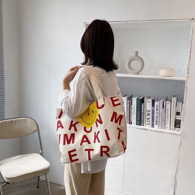 Túi Xách Canvas Sức Chứa Lớn In Họa Tiết Mặt Cười Phong Cách Mới Cho Nữ