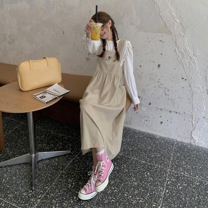 🌼váy babydoll Đầm Yếm Dáng Dài Mềm Mại Thêu Họa Tiết Bò Sữa Dễ Thương Phong Cách Nhật Bản Cho Nữ