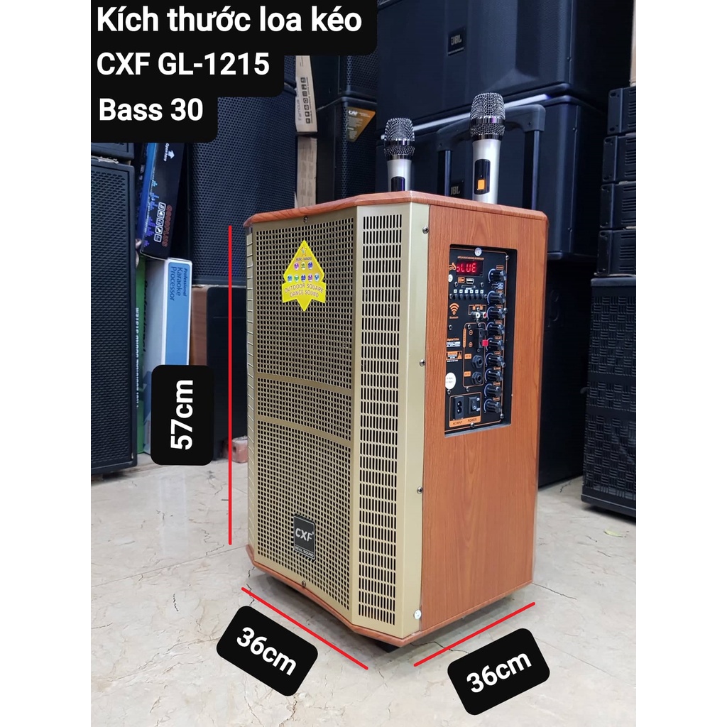 Loa kéo Karaoke Bluetooth CXF GL-1215: Bass 30, Thiết kế 3 loa, Công suất 300W, Thùng gỗ chắc chắn, Có 2 Micro không dây