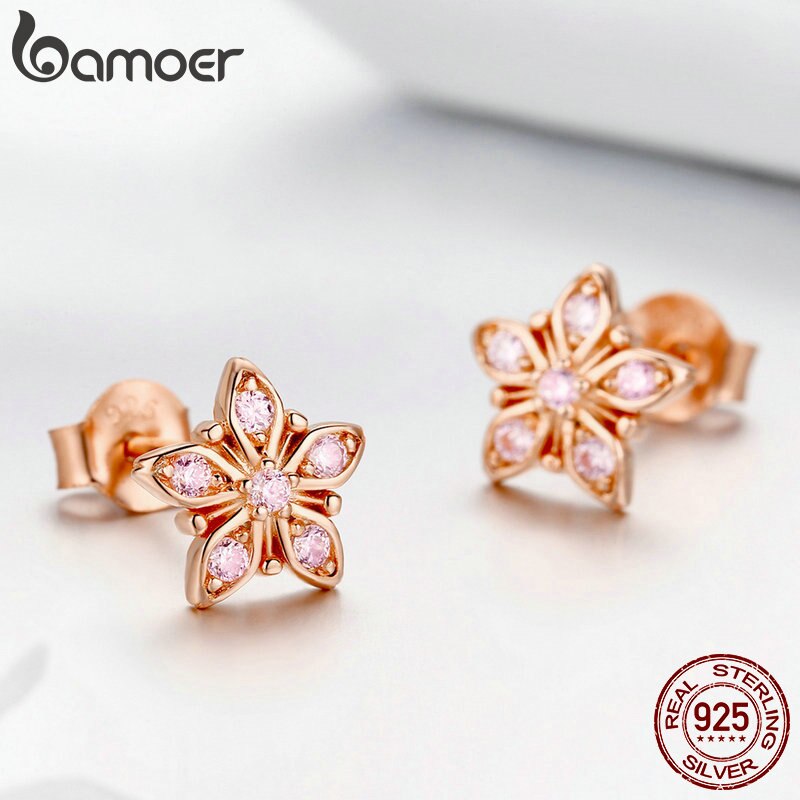 Bông Tai Bamoer BSE034 Bằng Bạc 925 Thật Hình Hoa Anh Đào Màu Hồng Dành Cho Nữ Dự Tiệc