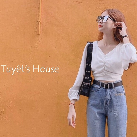 [Mã FAMAYWA giảm 10K đơn 50K] Áo Croptop Dài Tay Nhún Ngực Quyến Rũ Tuyết's House