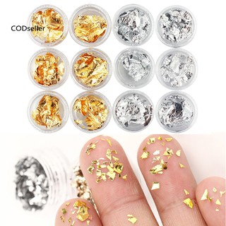 Bộ 12 hũ sticker lá kim loại vàng và bạc dùng để trang trí móng tay thủ công với gel UB Acrylic