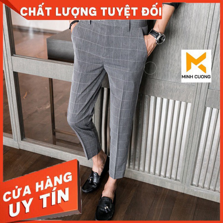 Quần tây nam kẻ karo dáng ôm vải cotton mềm mát, quần dáng âu 2 màu ghi tối và ghi sáng dễ dàng phối đồ, dáng côn - Hàng
