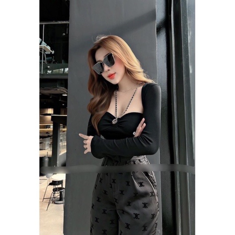 Áo croptop nữ body tay dài phối xích nơ ngực vải cotton A791
