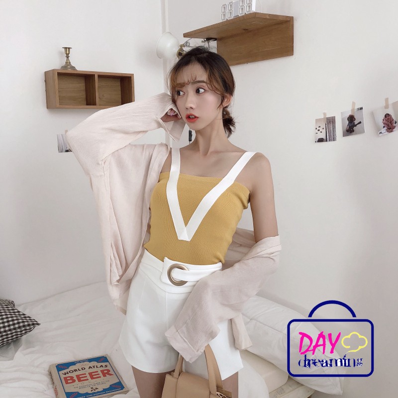 Áo dệt kim nữ cộc tay phối màu thời trang