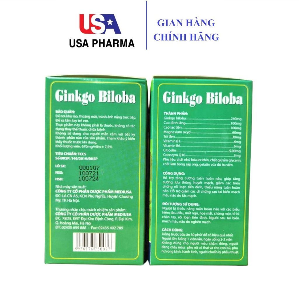 Hoạt huyết dưỡng não Ginkgo Biloba 240mg giúp bổ sung dưỡng chất cho não, tăng cường tuần hoàn máu não - Hộp 100 viên