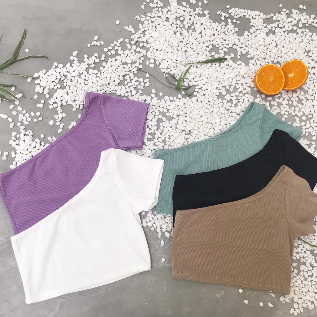 Croptop Len Tăm Lệch Vai Nữ [FREESHIP] Áo phông thun gân nhỏ cộc tay basic trơn màu Đen | Trắng | Nâu | Tím Ulzzang