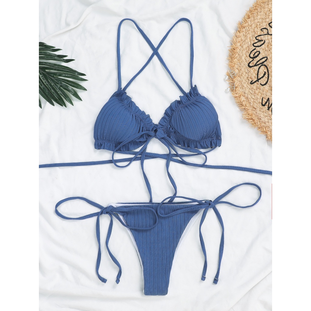 [BKN1487] &lt;ÂU&gt; SET BIKINI VẢI GÂN NƠ NGỰC HỒNG/XANH/ĐỎ QUẦN THONG/LỌT KHE