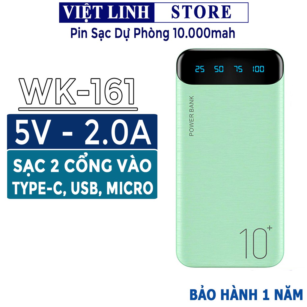 Pin sạc dự phòng WK 10.000 mah, chính hãng (WP 161) - nguyên zin, cam kết bảo hành - Việt Linh Store