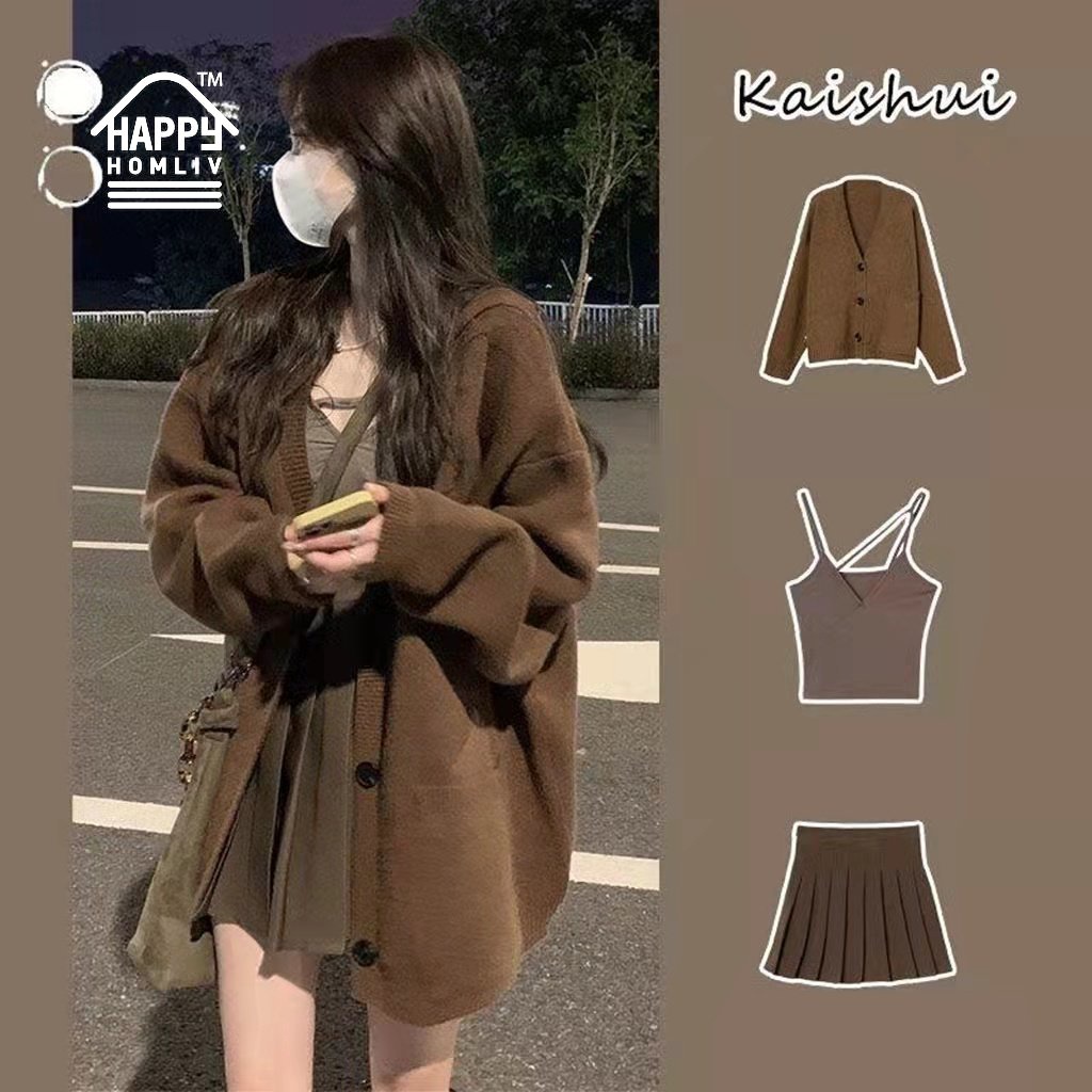 Set áo khoác cardigan dệt kim màu cà phê + chân váy ngắn xếp ly cho nữ