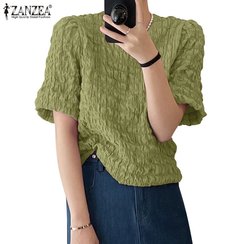 Áo kiểu ZANZEA tay ngắn dáng rộng màu trơn thời trang Hàn Quốc cho nữ