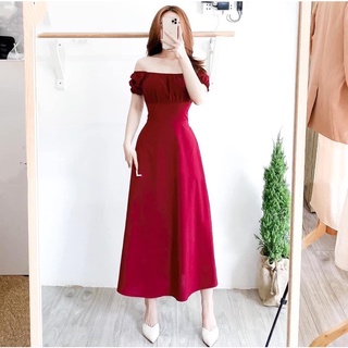 Đầm váy đỏ trễ vai nhúng ngực form dài