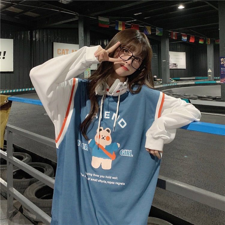 Áo hoodie tay dài giả hai lớp dáng rộng phong cách Hàn Quốc cho nữ