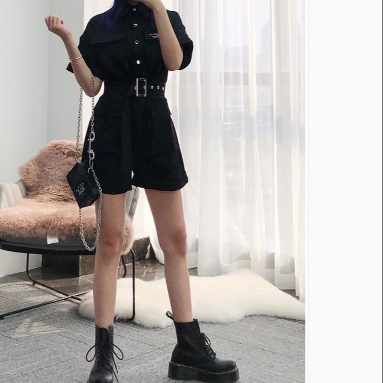 Handsome jumpsuit women's summer 2021 new black slim high-waist short-sleeved jumpsuit wide-leg shorts suit