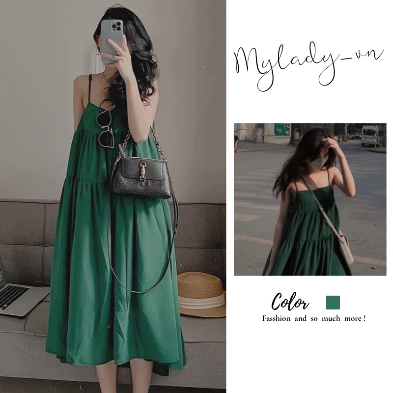 Váy babydoll 🌸 Đầm hai dây xếp tầng màu xanh maxi dáng suông ullzang style Hàn Quốc Mylady