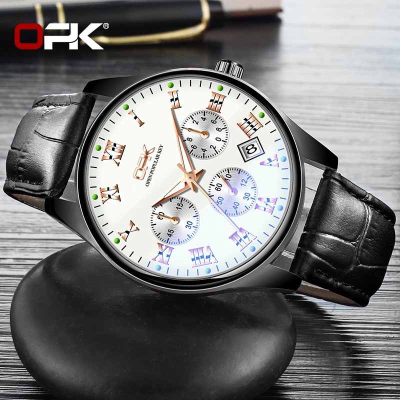 Đồng hồ OPK 8120 có lịch dây da phản quang ánh blu-ray chống thấm nước cá tính hợp thời trang cho nam