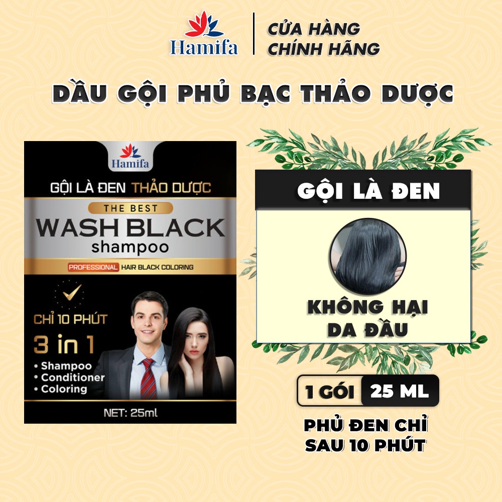 Dầu Gội Phủ Bạc Hamifa Dầu Gội Thảo Dược Nhuộm Tóc Gội Màu Đen Trong 5 phút  - Hộp 6 Gói 25ml