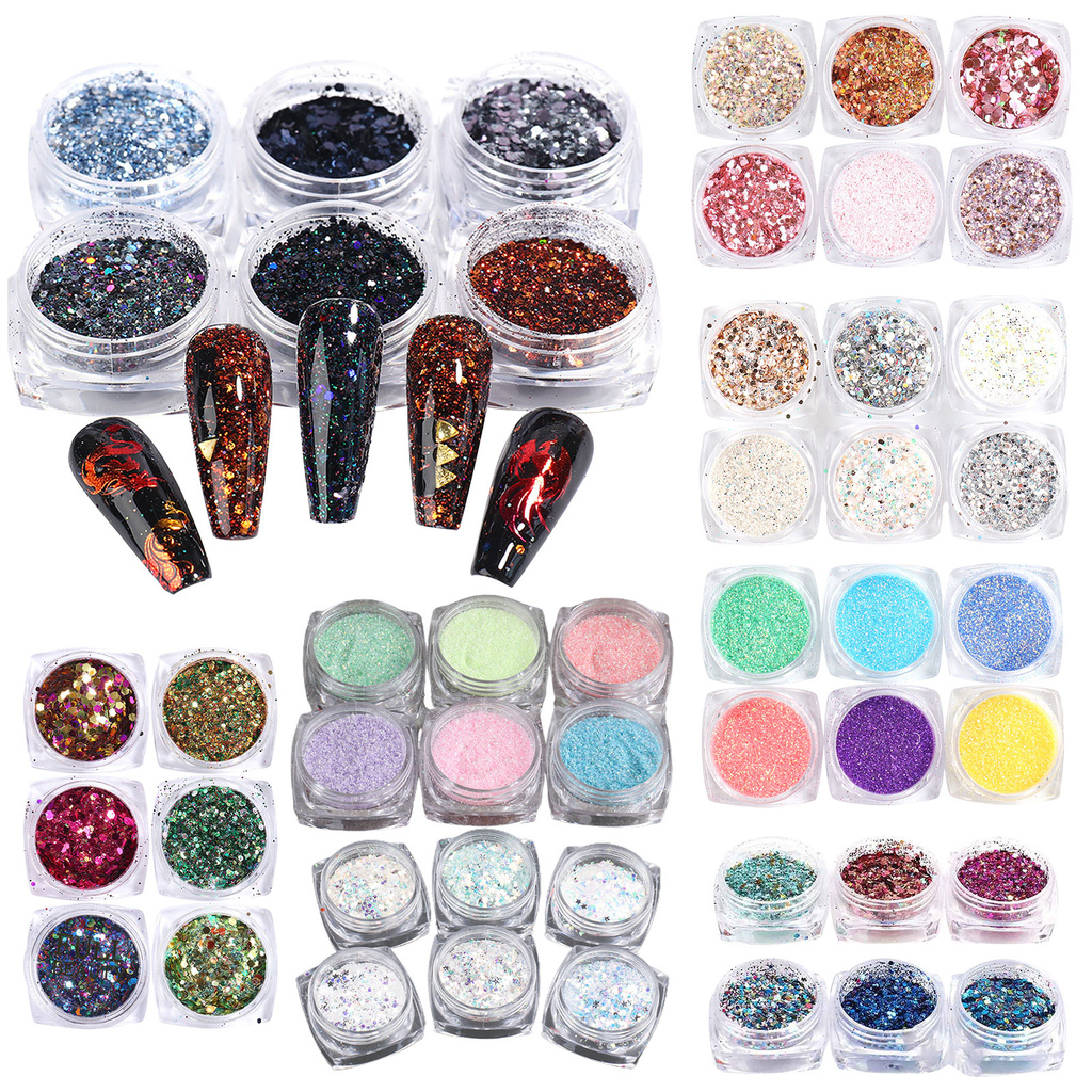 [Hàng mới về] Set 6 Hộp Kim Tuyến Lấp Lánh Bằng Nhựa Mỏng Trang Trí Móng Tay Nghệ Thuật