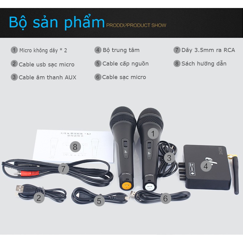 Bộ micro không dây kiêm vang số hát karaoke EK K1 2micro không dây pin sạc