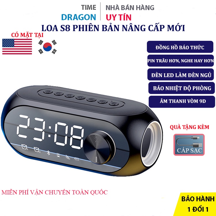 Loa Bluetooth kiêm đồng hồ S8 mini đèn Led theo nhạc đồng hồ báo thức hỗ trợ thẻ nhớ