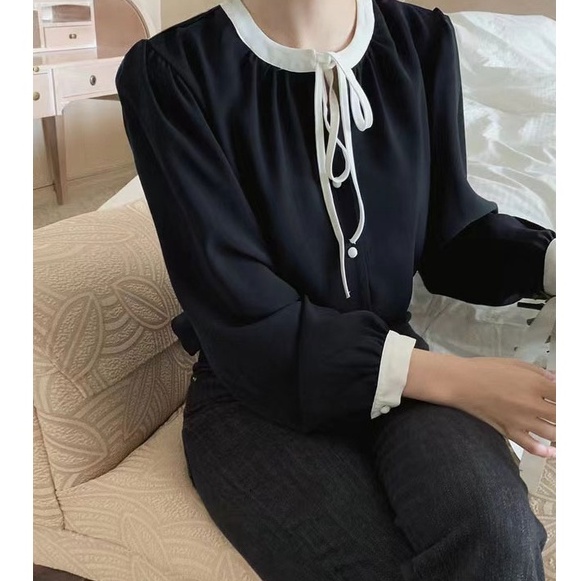 Áo Sơ Mi Tay Dài Buộc Dây Màu Đen Thanh Lịch Dành Cho Nữ 49305