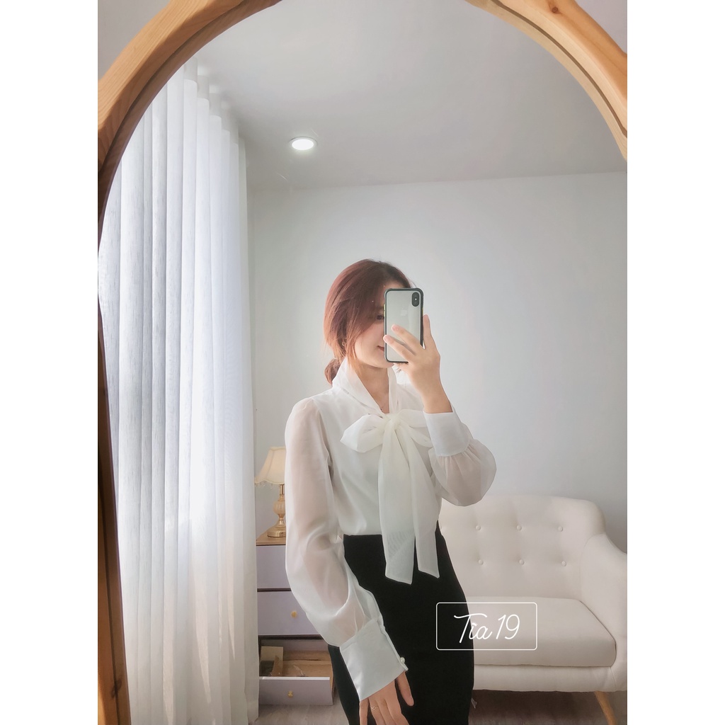 Áo somi voan nơ cổ Tia19. Áo somi voan