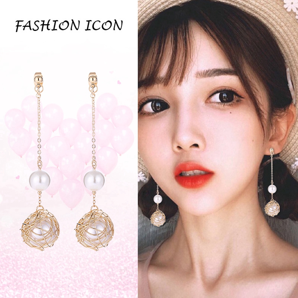 Đôi hoa tai dáng dài hình tổ chim phối hạt ngọc trai sang trọng