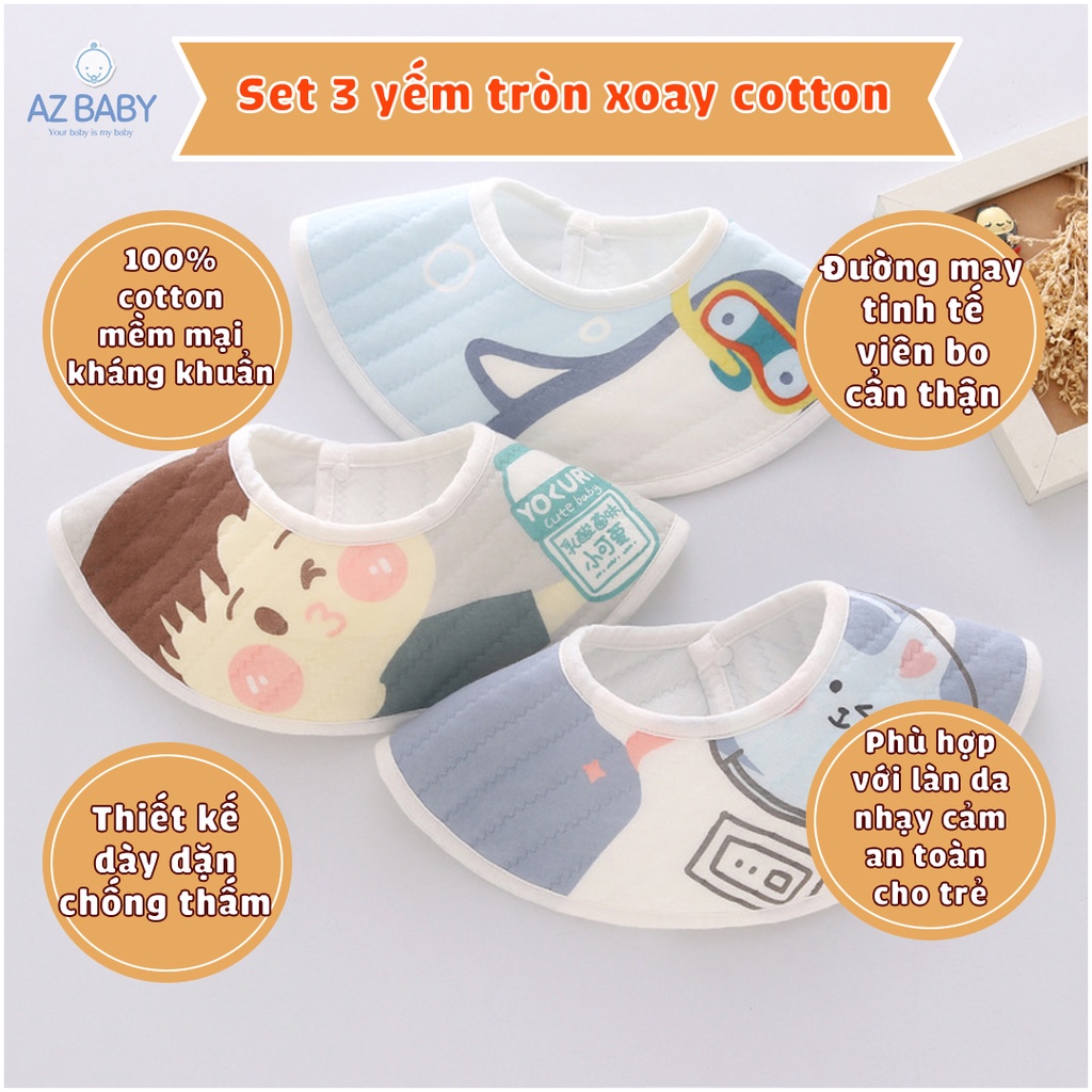 Set 3 Yếm Ăn Dặm Xoay 360 Độ Vải Cotton Cao Cấp Có Chống Thấm AZ Baby AD008