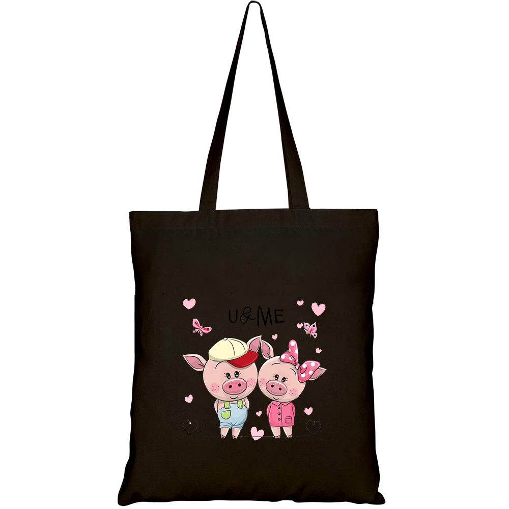 Túi vải tote canvas HTFashion in hình two cute cartoon pigs on HT461