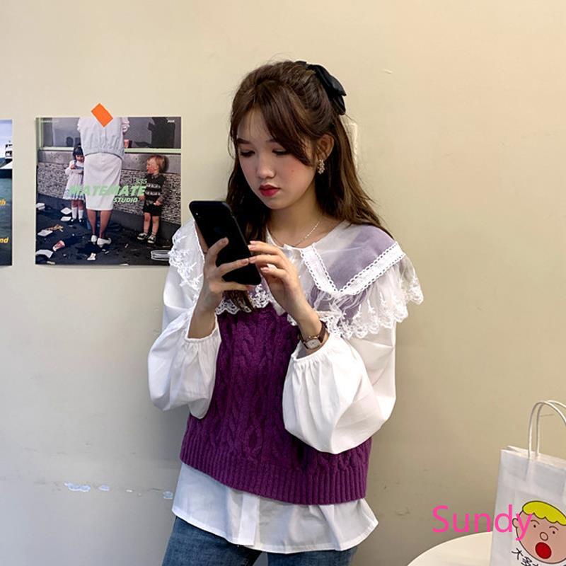 Set Áo Sơ Mi Tay Dài + Áo Len Không Tay Thời Trang Mùa Thu Cho Nữ