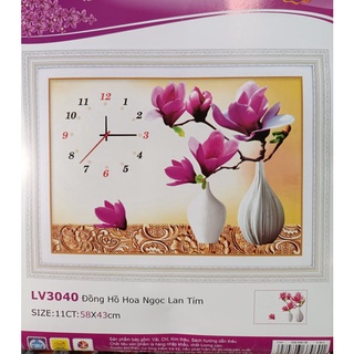 Tranh thêu chữ thập đồng hồ bình hoa i 58x43cm i lv3040