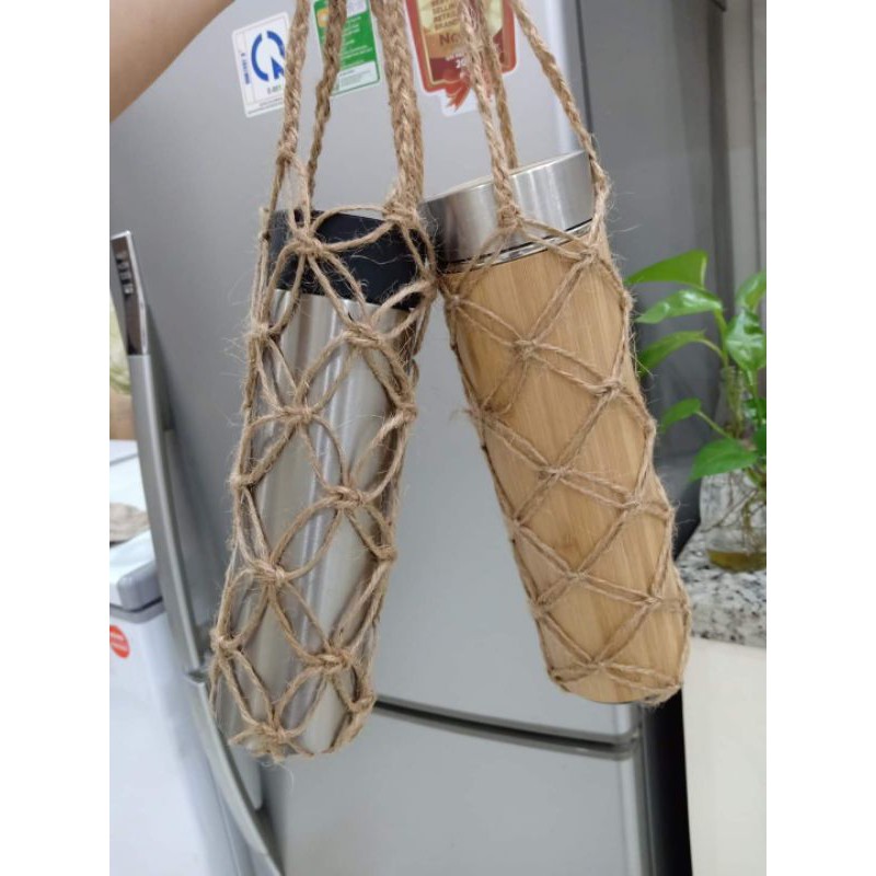 Combo 5 túi lưới đựng bình nước bằng dây xơ dừa, túi lưới handmade
