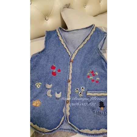 Áo gile jeans thêu đáng yêu viền ren có túi trước phong cách ulzzang retro kèm ảnh thật