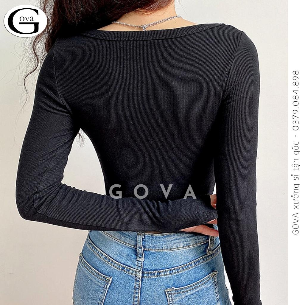 Áo Croptop CỔ TIM CÀI NÚT TAY DÀI Thun Gân Kiểu Sexy Nữ, Áo Thun Ôm Body Đẹp GOVA