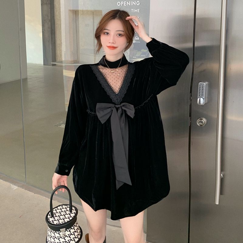 Đầm nữ vải nhung thắt nơ phối lưới rỗng đính lá vàng phong cách Hồng Kông thời trang thu đông quyến rũ retro cho nữ