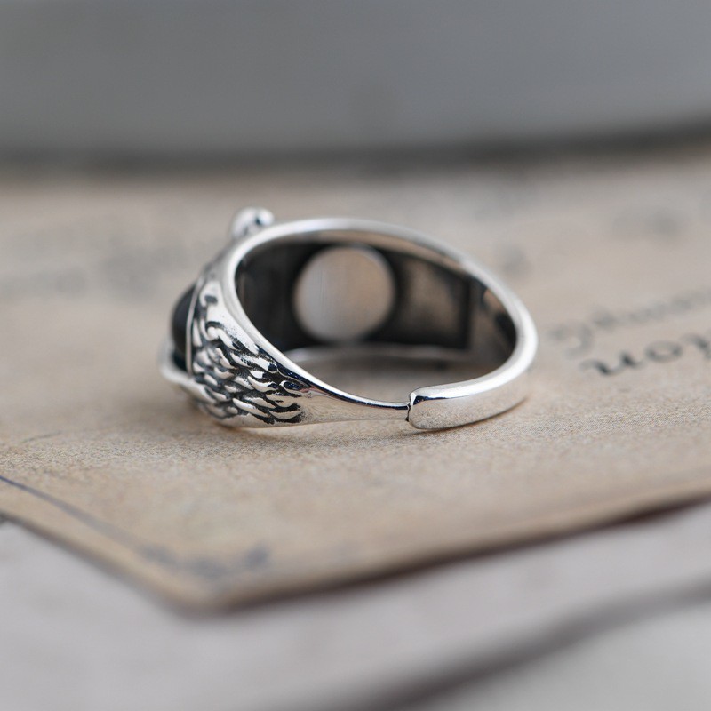 Nhẫn nam titan không gỉ Eagle Ring Mắt Cú Mèo Kuu Clothes Freesize Màu bạc thời trang - Eagle Ring nam nữ đẹp