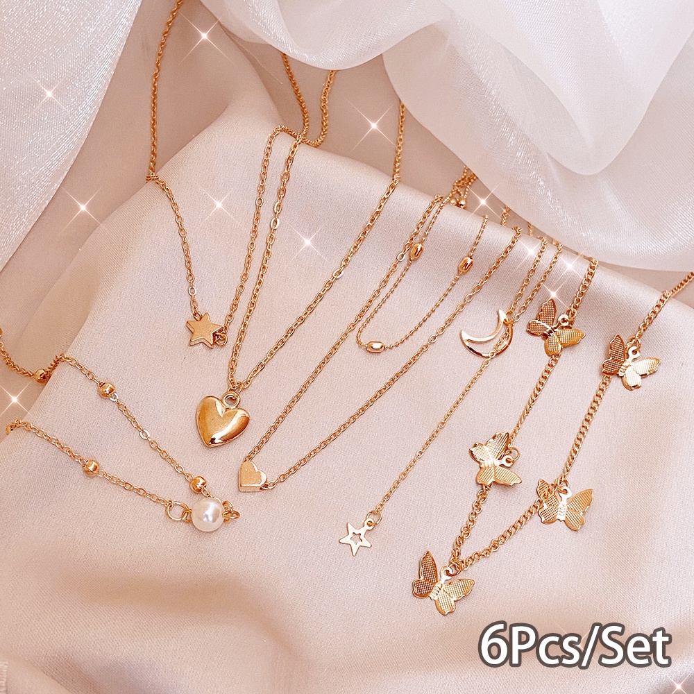 Set 6 Vòng cổ Mặt Hình Bướm / Trái Tim / Ngôi Sao / Ngọc Trai Thời Trang Cho Nữ
