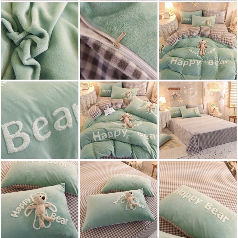 Trọn bộ 4 món nỉ nhung gấu Happy Bear tặng kèm vỏ gối ôm