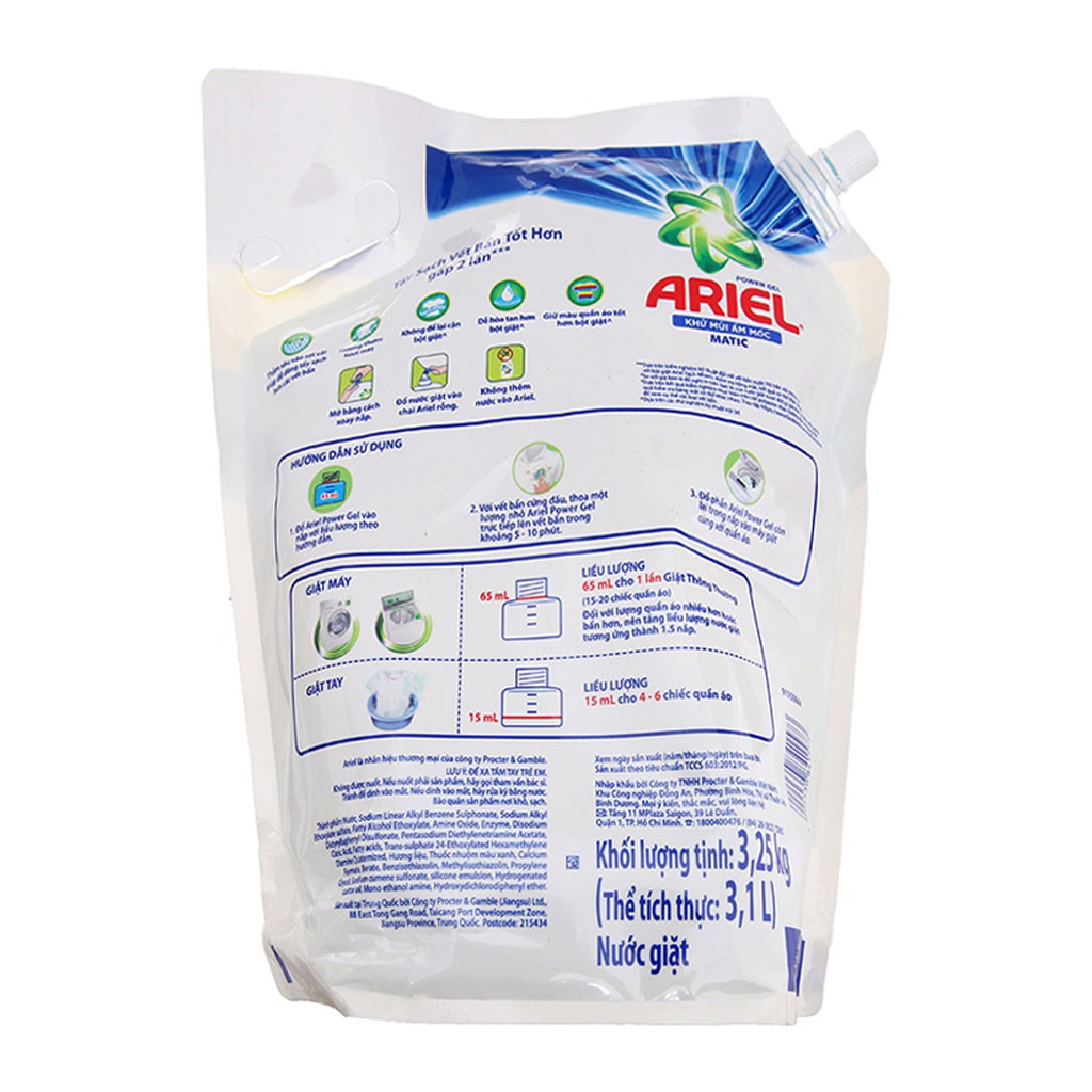 Nước Giặt Ariel Power Gel Khử Mùi Ẩm Mốc Matic Dạng Túi 3,25kg (Tẩy sạch vết bẩn tốt hơn gấp 2 lần)