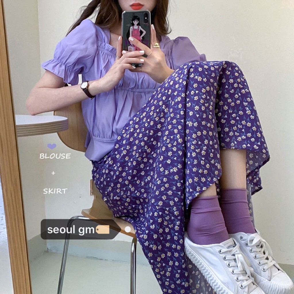 (SẴN HÀNG) Chân váy hoa nhí midi màu tím retro dáng dài style vintage Hàn Quốc điệu hè 2020 | BigBuy360 - bigbuy360.vn