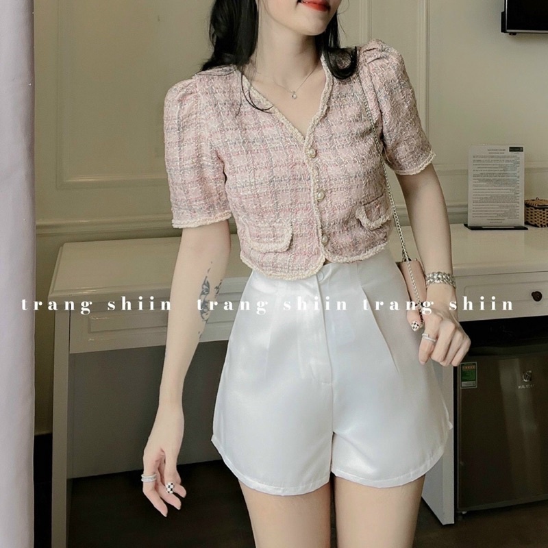 Set 2 món: Áo dạ hồng viền+ short trắng