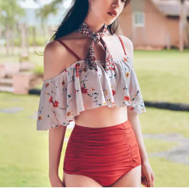Bikini 2 mảnh cạp cao áo nhún bèo