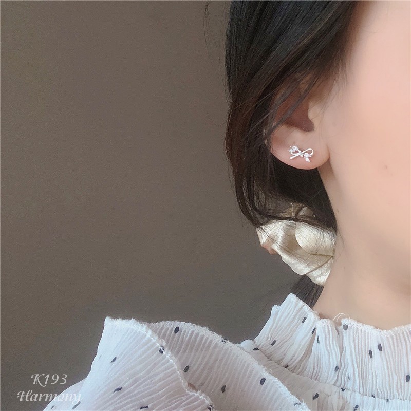 Khuyên tai nữ bạc 925 mặt nơ mảnh đính đá màu xi bạch kim cực xinh | HARMONY ACCESSORIES K193