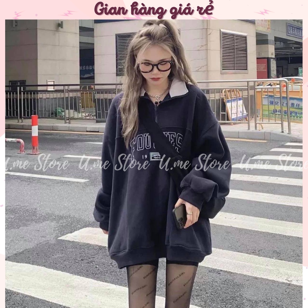 Áo Nỉ Zip FORUYFS cổ trụ xanh dương Sweater cao cổ dài tay bồng, thun hoodie form rộng cá tính Ulzzang