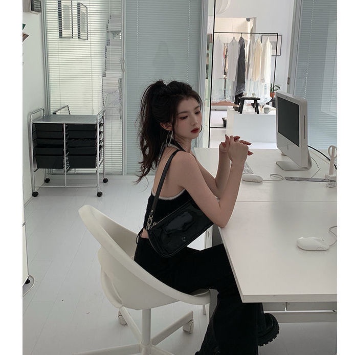 ℡☇◘Áo Hai Dây Ngắn Mỏng Ôm Dáng Màu Đen Trơn Phong Cách Desire Thời Trang Mùa Hè Cho Nữ