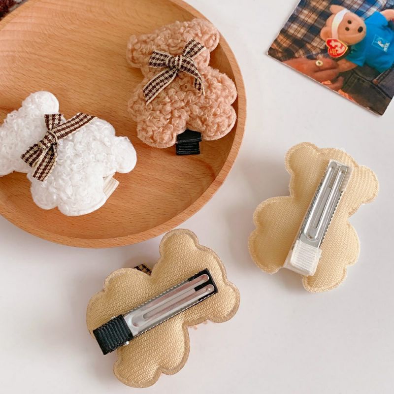Kẹp Tóc Gấu Teddy Lông Xù Đính Nơ Caro
