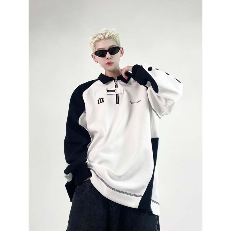Áo Sweater Polo Dáng Rộng Có Khóa Kéo Nửa Thân Màu Trắng Đen Kiểu Retro Thời Trang Mùa Thu 2022 Cho Cặp Đôi